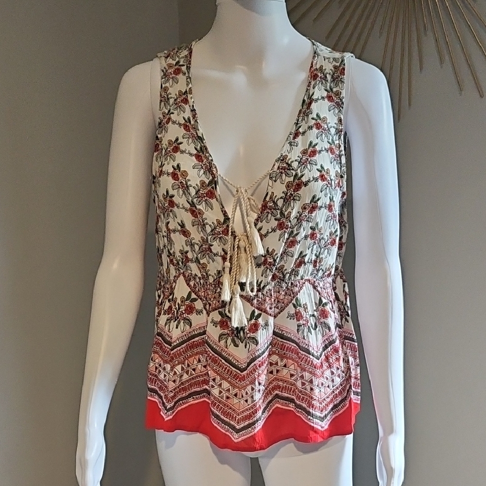 Patrons of Peace Red and White Relaxed Tie Front Blouse